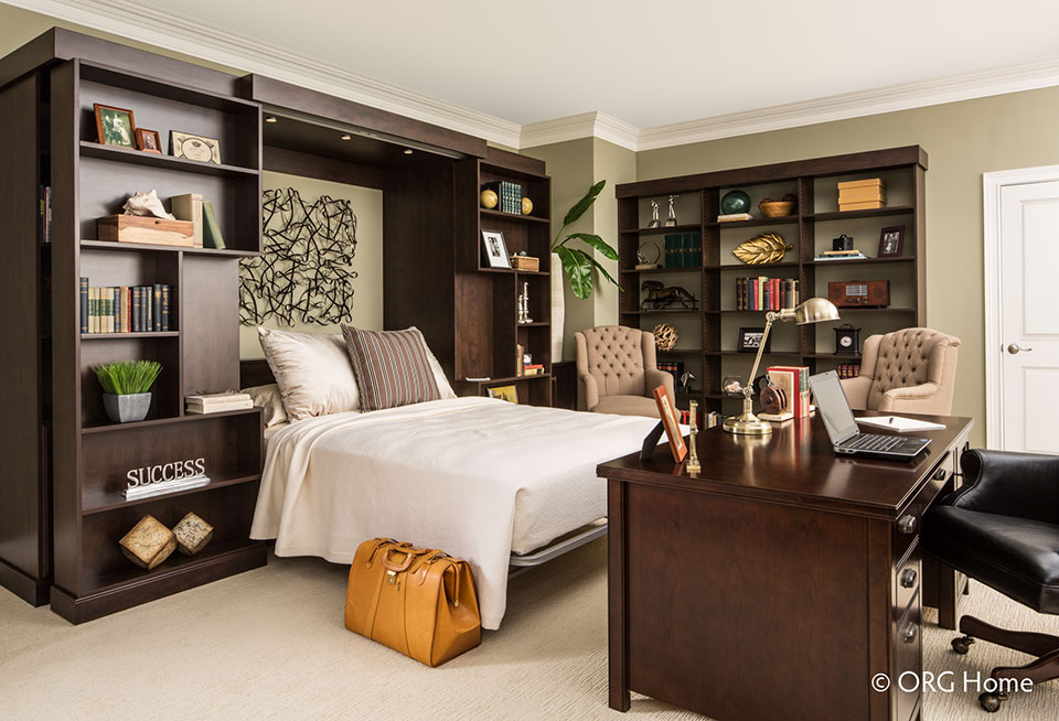 custom home library with Murphy bed