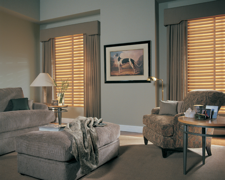 Country Woods® Classics™ blinds with Cordlock by Hunter Douglas provide a warm wood look, proving that warmth in a room doesn't always come from the fireplace!