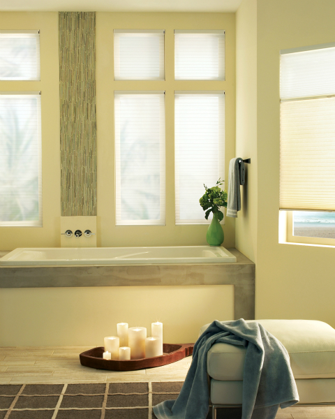 Applause® honeycomb shades PowerRise® 2.1 with Platinum™Technology by Hunter Douglas eliminates a big problem in bathrooms--reaching over the tub to lower the shade when you are in the buff!