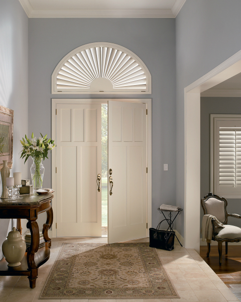 NewStyle® hybrid shutters with Specialty Shapes by Hunter Douglas give any entryway a great finishing touch.