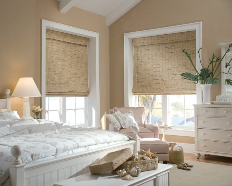 Provenance® Woven Wood Shades with Cordlock by Hunter Douglas come in a variety of grasscloths and reeds, making them a prefect fit for beach cottages and coastal homes.