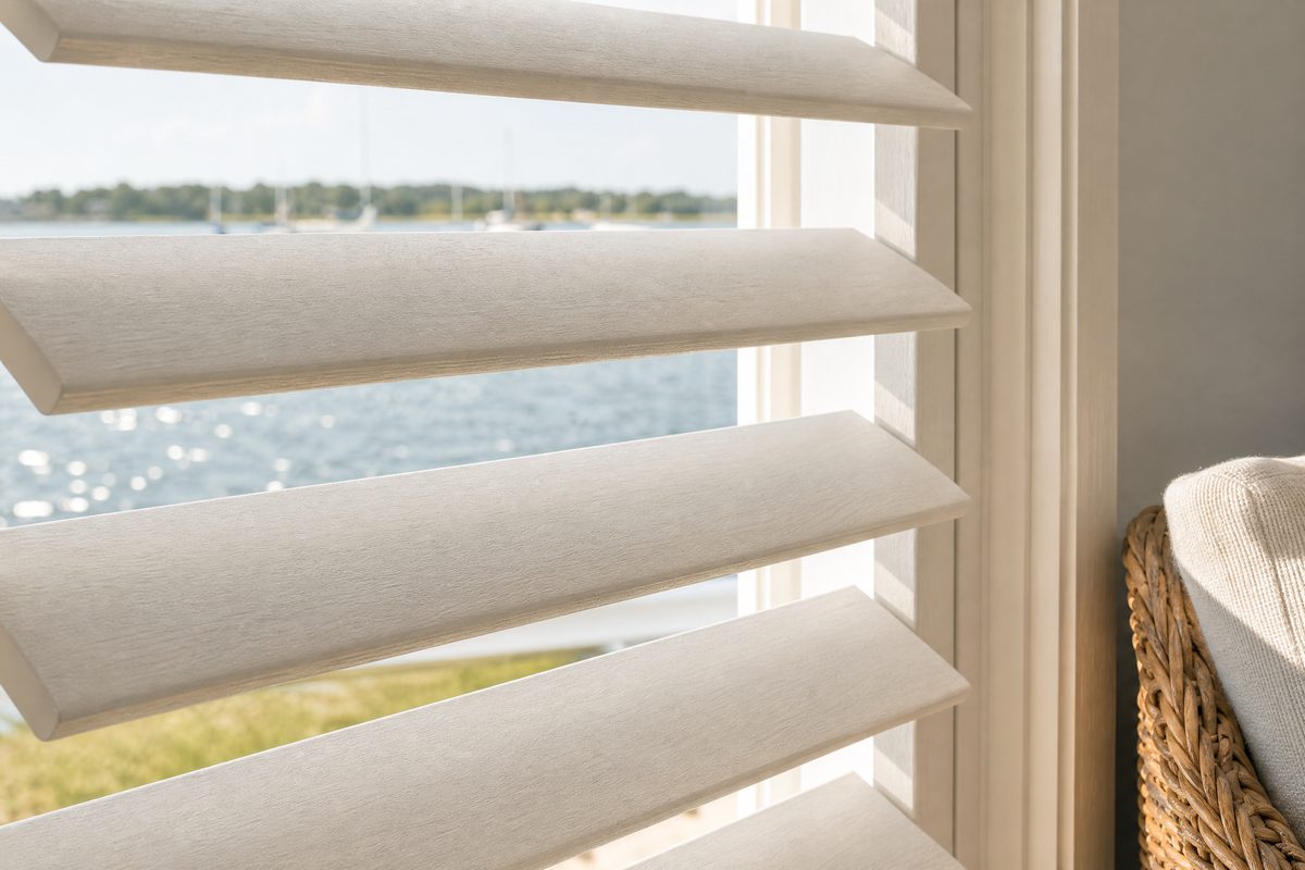 Close-up of white faux-wood blind slats angled to control Banks Channel afternoon glare, with sailboats visible through the window in a Wrightsville Beach coastal home