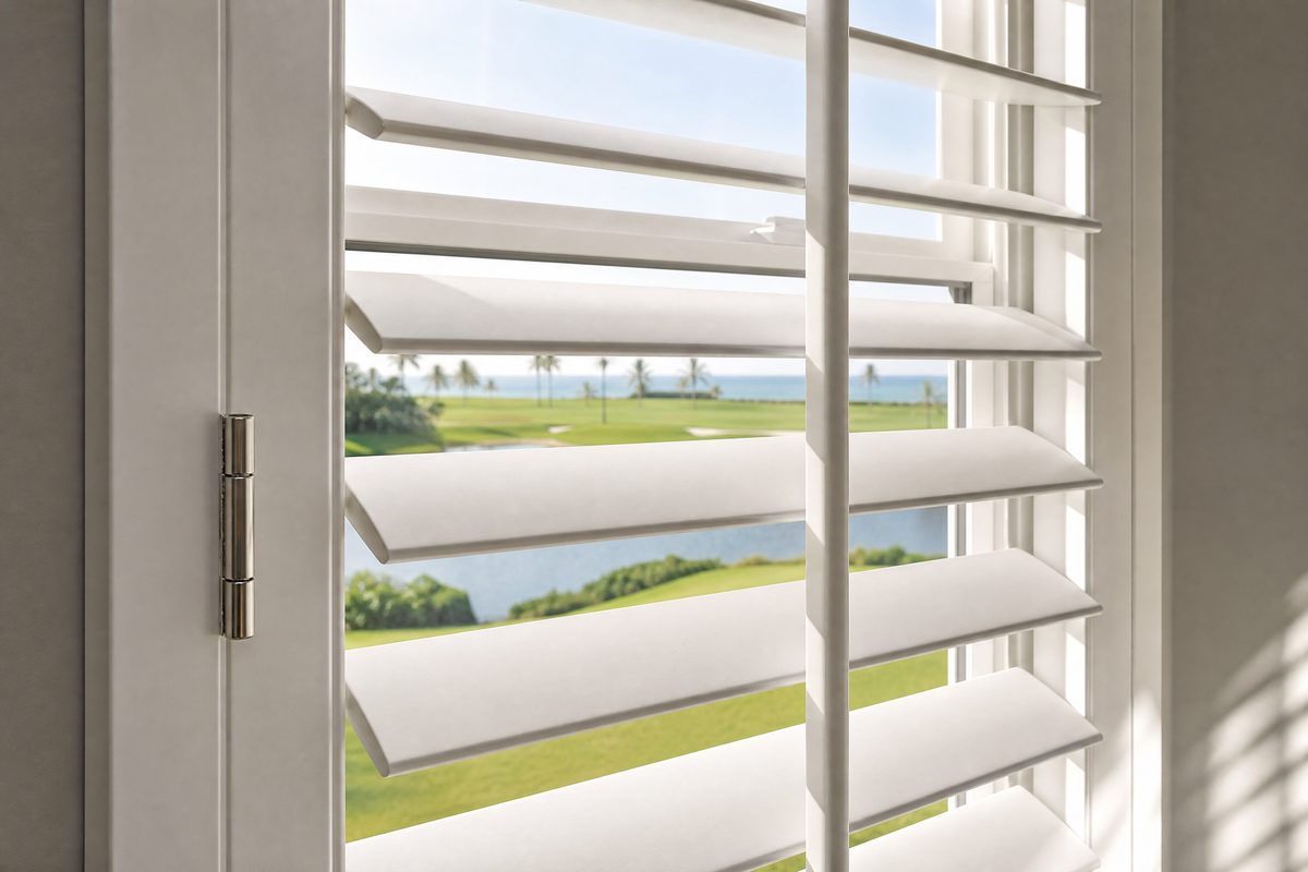Close-up of white plantation shutter louvers and tilt rod with a golf course pond view in Landfall, Wilmington NC