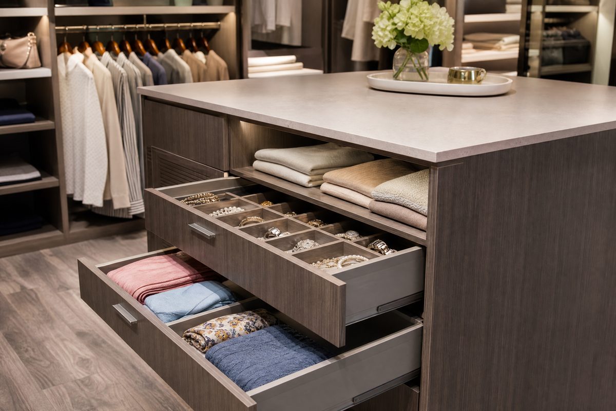 Custom closet island with open drawers showing organized accessories in a Porters Neck home