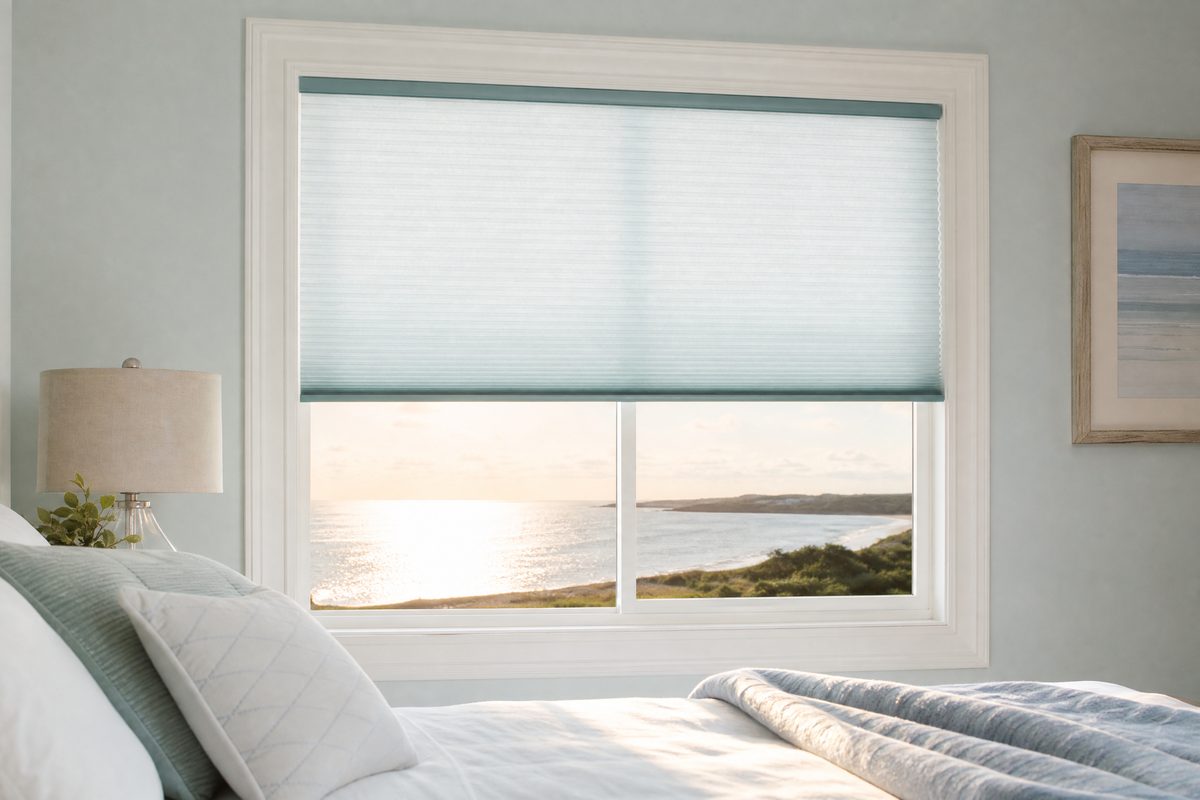 Light-filtering cellular shade softening water glare in a Harbor Island, Wrightsville Beach bedroom