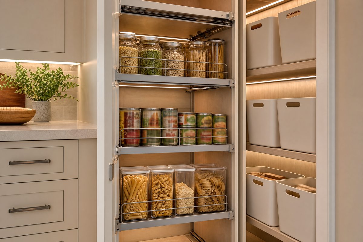 Pantry pull-out drawers with organized canned goods and labeled bins in a Forest Hills kitchen
