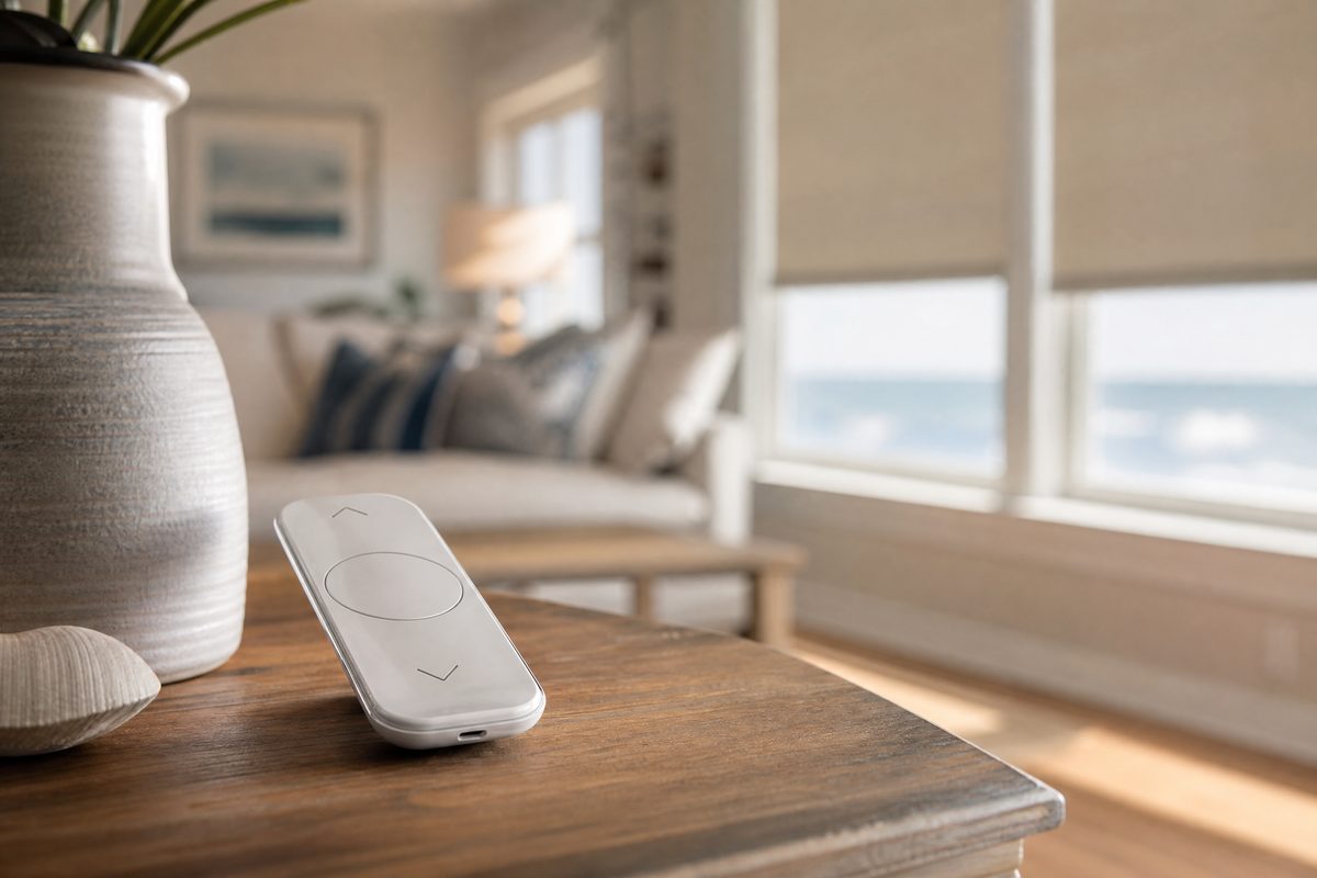 Smart remote beside a window with motorized roller shades lowering in a Mayfaire living room