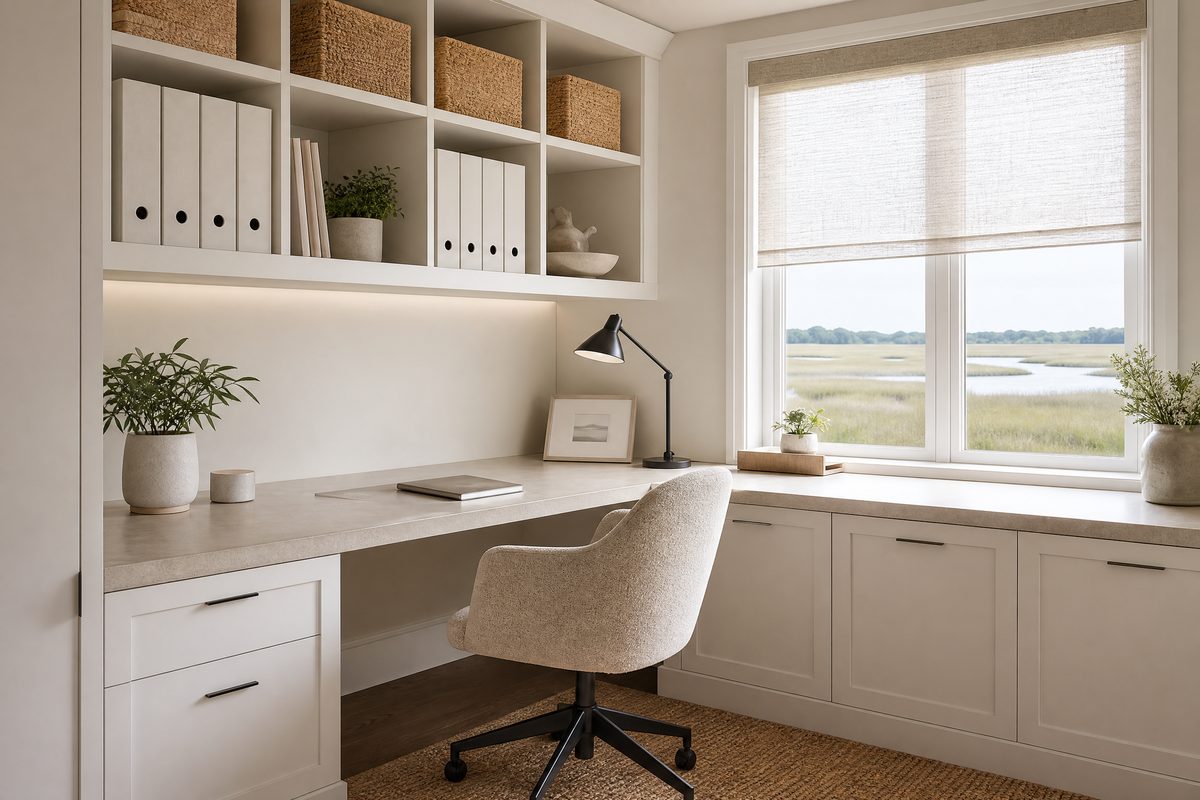 Built-in home office desk with white cabinetry and marsh view in St. James Plantation