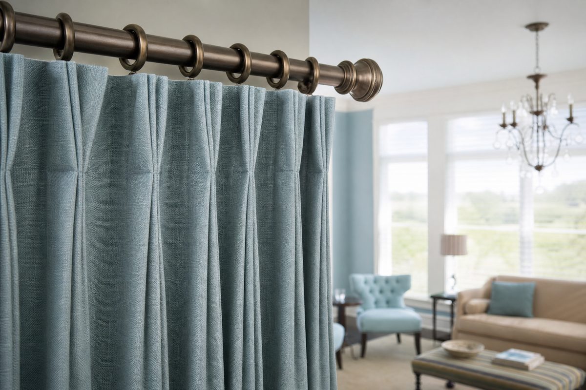 Coastal blue custom drapery panels with pleated header and bronze hardware in a Brunswick Forest home