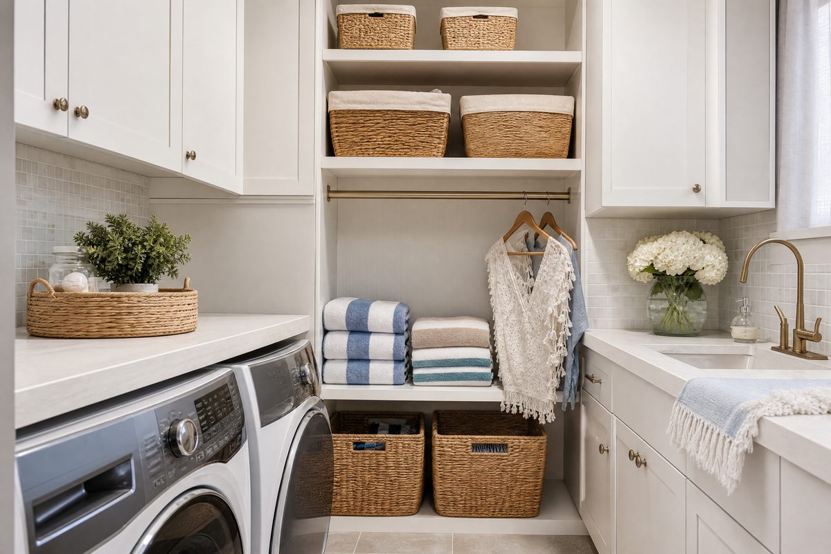 Compact coastal laundry room with white cabinets and drying rod in a Carolina Beach cottage