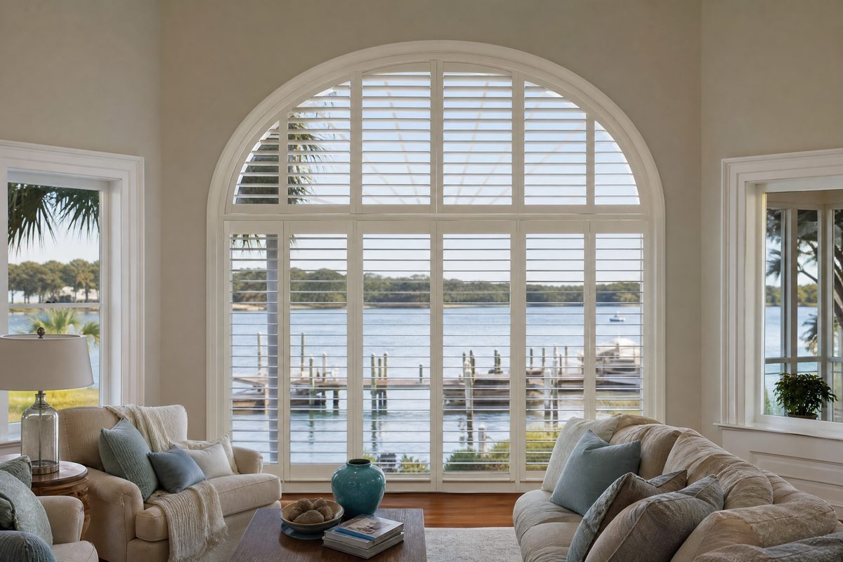 Arched palladian window with custom-shaped plantation shutters overlooking the Intracoastal Waterway