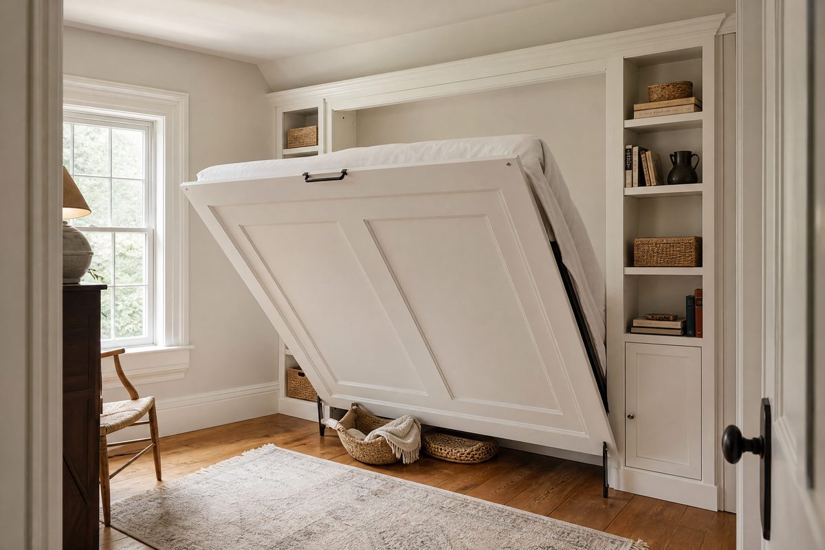 White Murphy bed half open in a historic Southport cottage guest room with heart-pine floors