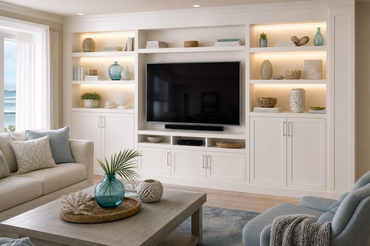 Built-in entertainment center with TV nook and LED lighting in a Cherry Grove living room