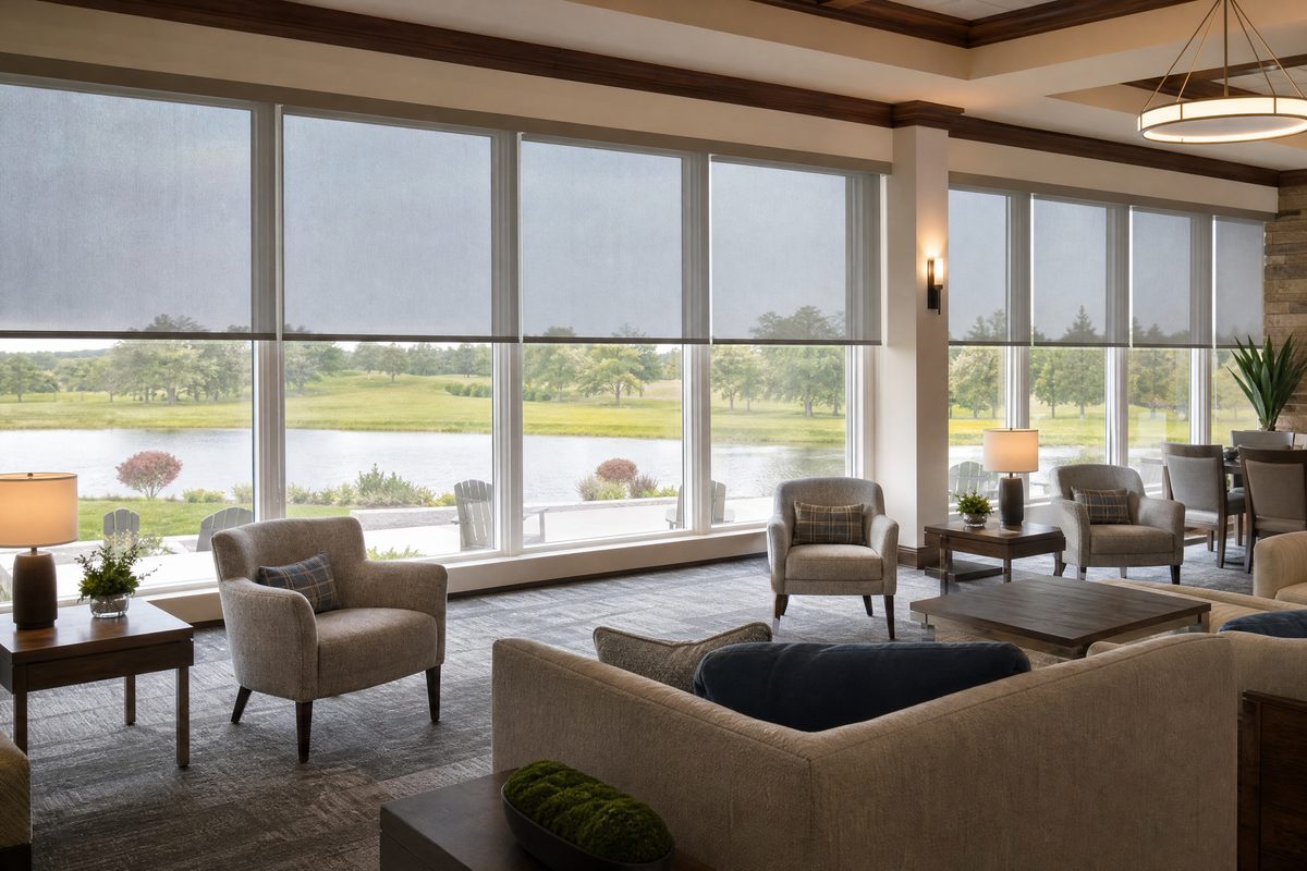 Commercial roller solar shades cutting glare in a Barefoot Resort clubhouse lounge