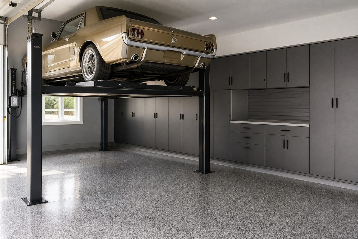 Four-post car lift holding a classic coupe over an epoxy floor in a Sunset Beach garage