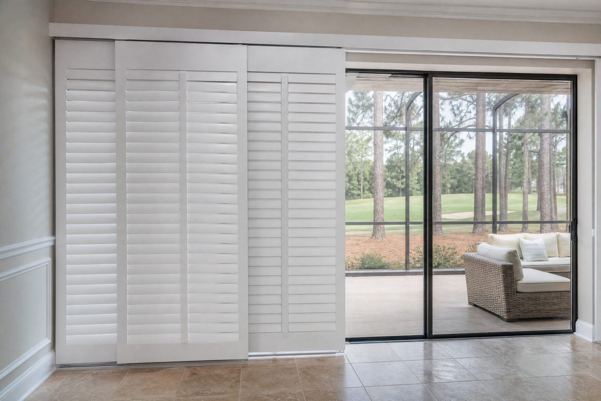 White plantation shutters on lanai-facing doors in a Compass Pointe golf community home