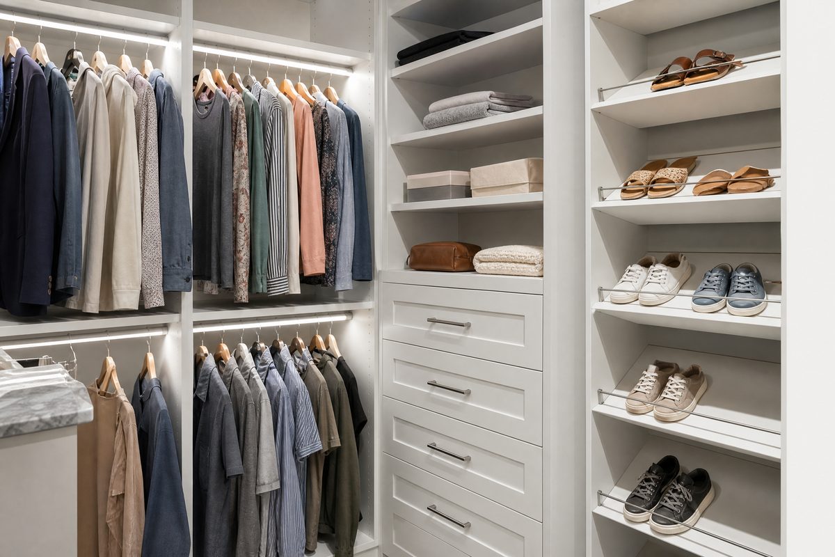 Walk-in closet corner with double-hang rods and angled shoe shelves in a Pine Valley home