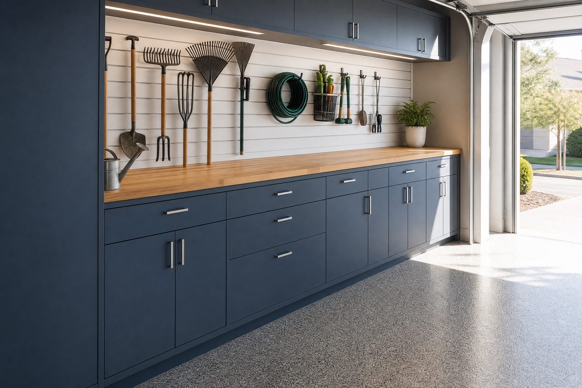 Garage workbench with butcher-block counter and slate-blue cabinets in a Hampstead home