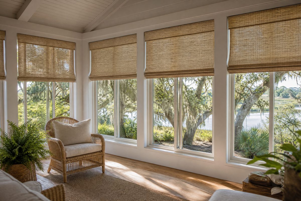 Woven wood shades half lowered in a sunroom overlooking live oaks near Airlie Road