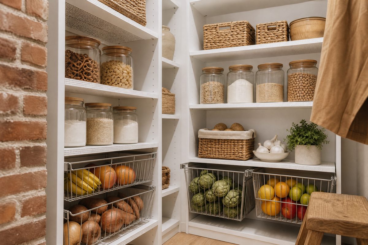 Farmhouse pantry with ventilated shelving and wire baskets in an older Castle Hayne home