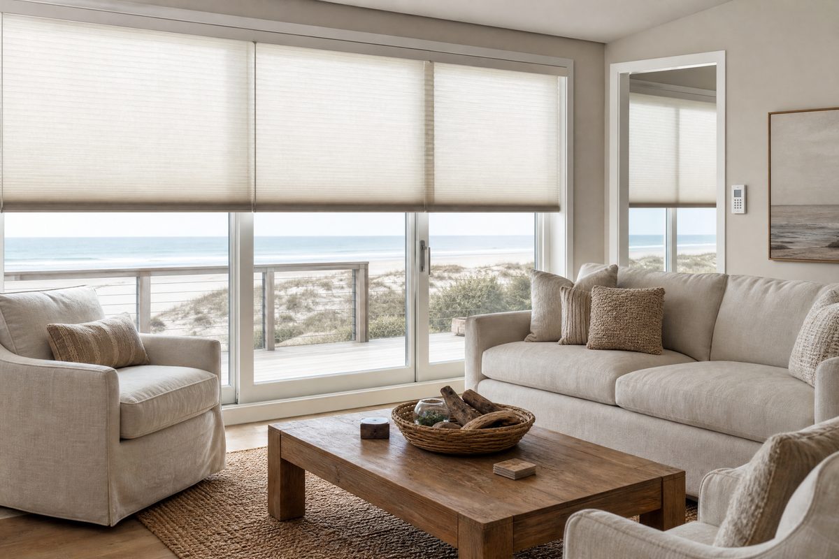 Motorized cellular shades on ocean-facing sliders in a Topsail Island beach rental