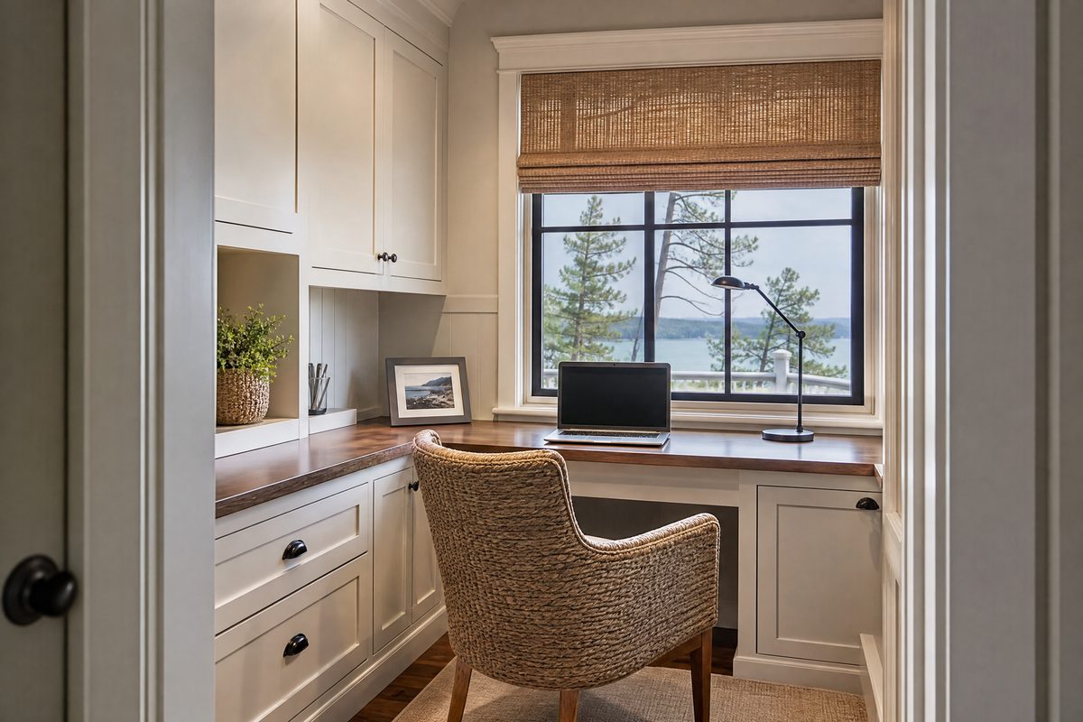 Compact built-in home office nook with woven shade in a Bald Head Island cottage