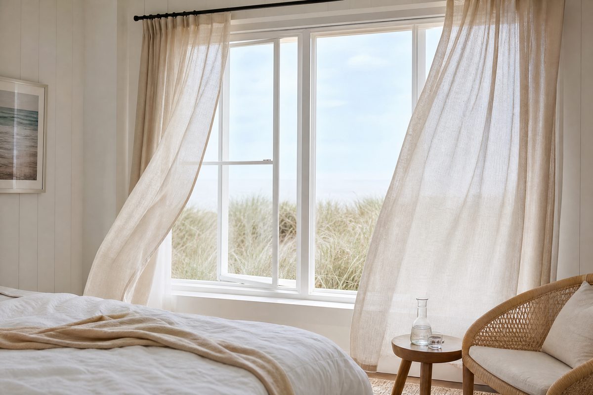 Breezy sheer custom draperies by an open window with dunes outside in a Holden Beach cottage