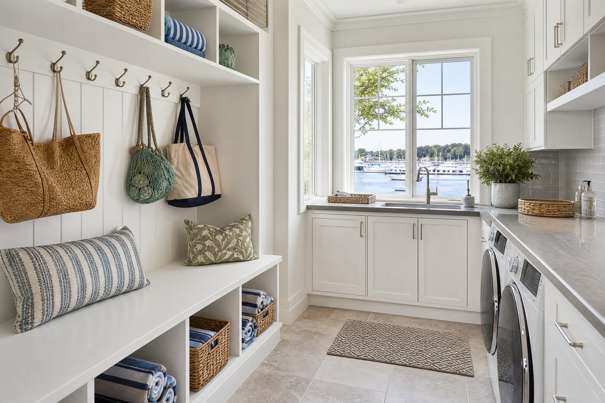 Waterfront laundry and drop-zone with bench cubbies and marina view in Little River SC