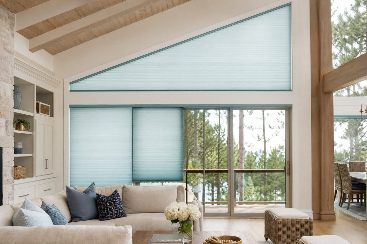 Custom-cut cellular shades fitted to a trapezoid clerestory window in a Monkey Junction home