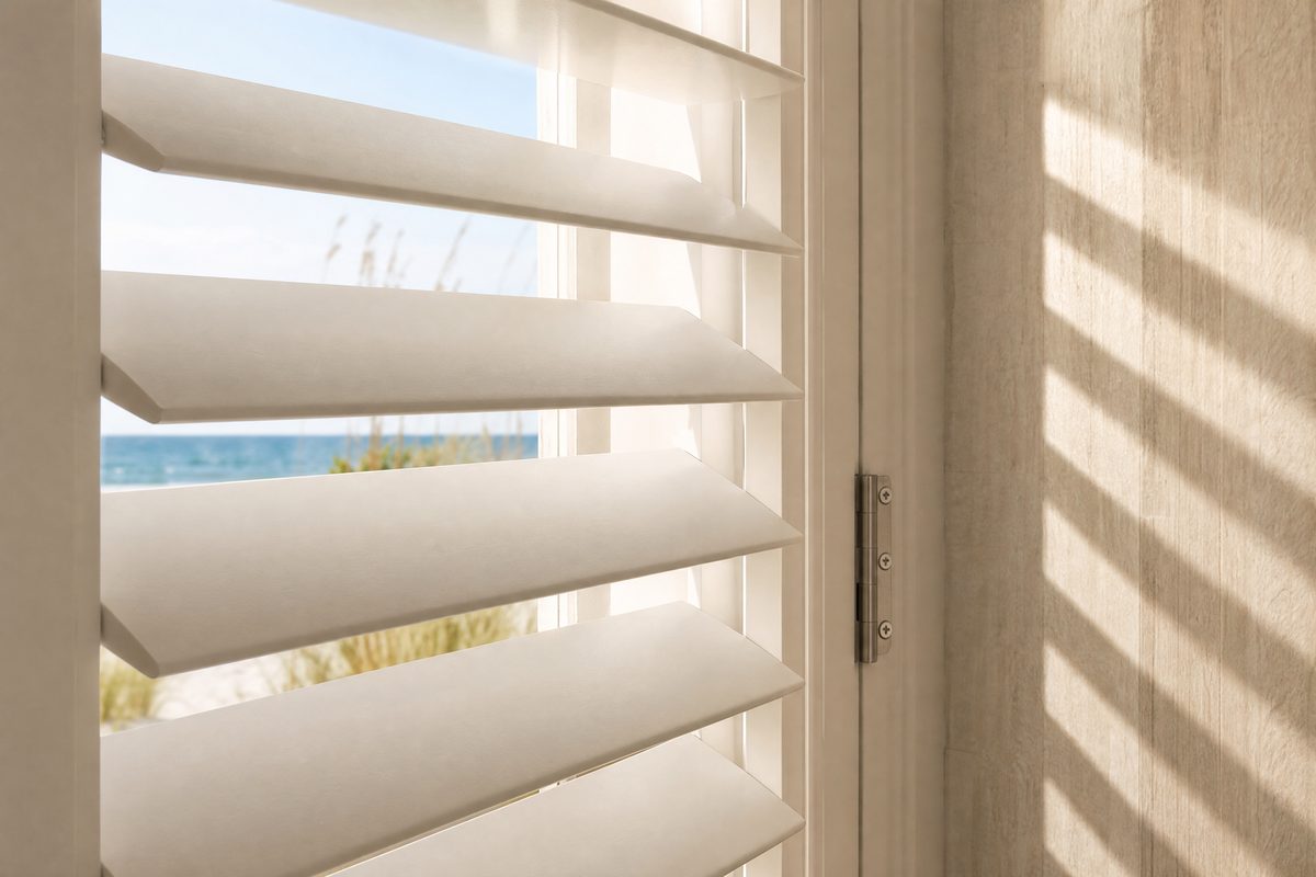 Close-up of white plantation shutter louvers filtering bright July sunlight in an Oak Island beach cottage, with a glimpse of the Atlantic Ocean through the angled slats