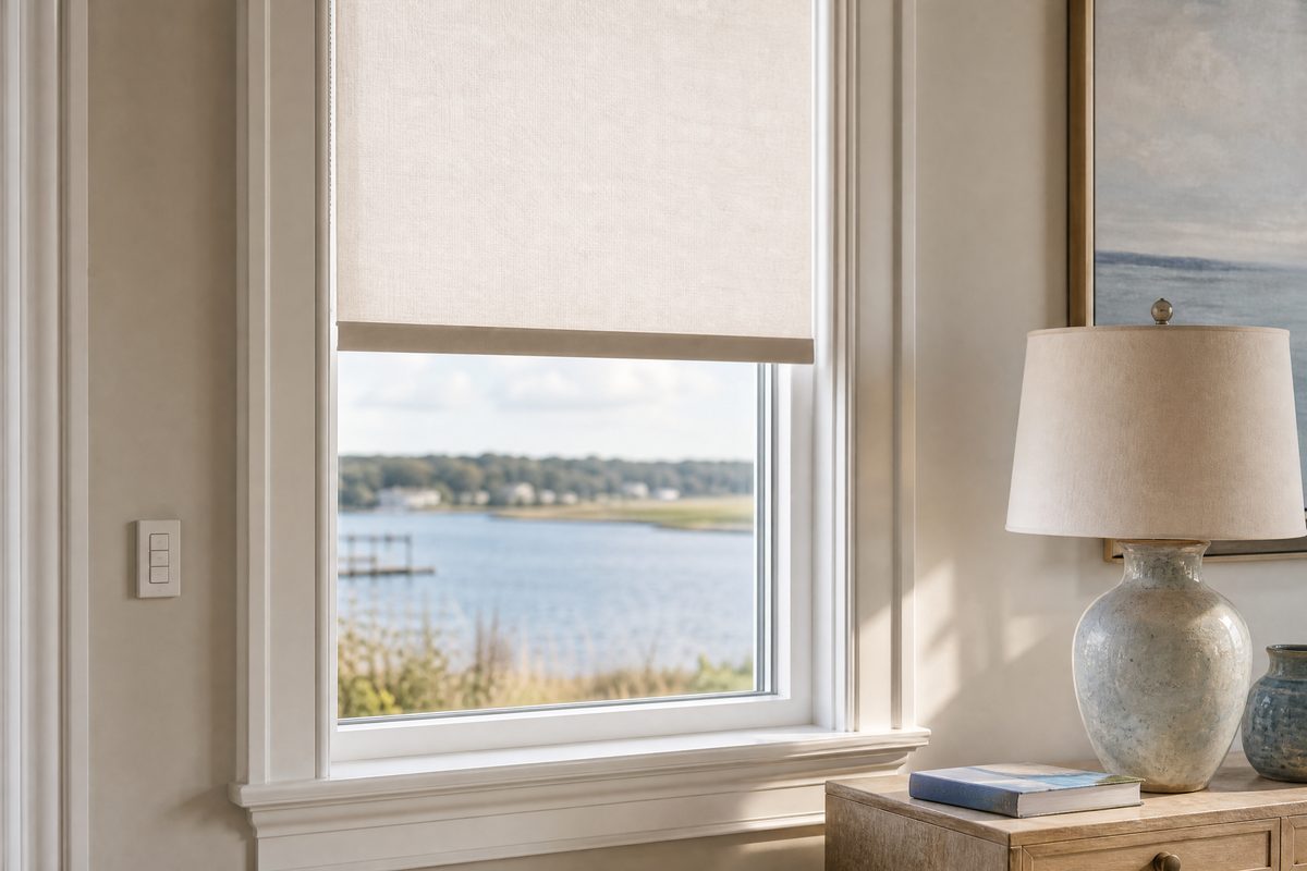 Motorized light-filtering roller shade and wall scene control in a Southport waterfront home near Bay Street
